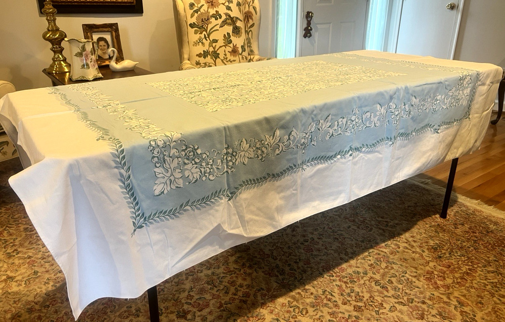 Lovely BABY BLUE & WHITE Floral Print Cotton Tablecloth 1950S MCM Vintage 74x57